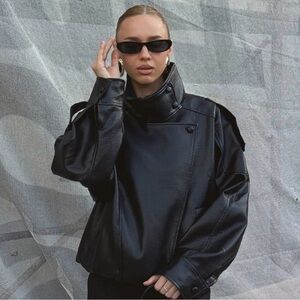 Zara Black Faux Leather High-Neck Jacket